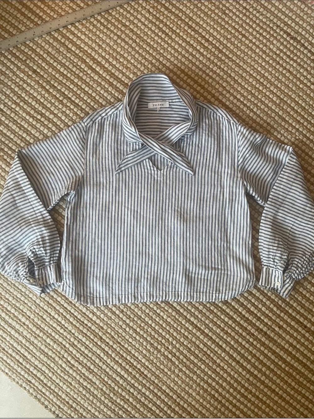Frame Handkerchief Striped Tie-Neck Linen Top